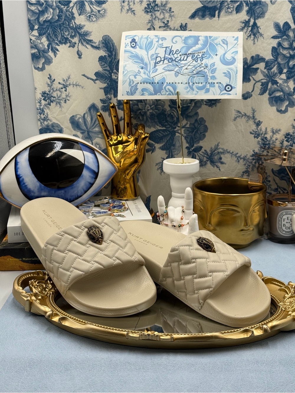 🆕 KURT GEIGER LONDON 🧿 NWOB Meena Eagle Quilted Slide, Bone - Picture 3 of 12